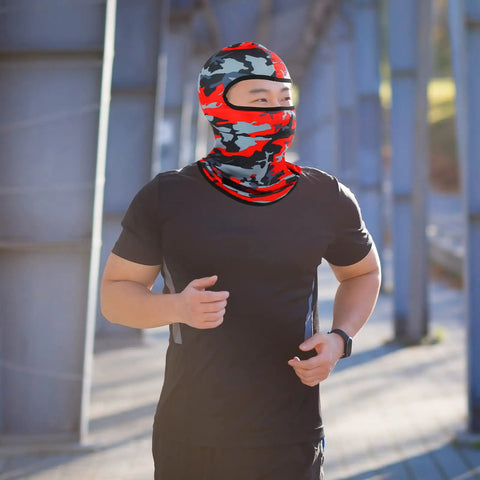 Running man in 16 Pack Balaclava Masks For Men And Women Full Face Cover Sun Protection UV Balaclava Mask, red camouflage style.