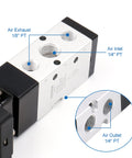 Pneumatic Mechanical Valve MV522PB 2 Position 5 Way Momentary Green Mushroom Button, showing air inlet and exhaust ports