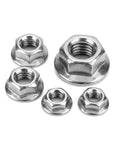 M5 Flange Nuts 30 Pack Serrated Hex Lock Nuts Stainless Steel 304 Heavy Duty Fasteners For Truck Builds Straight Up No Sweat Installation Bulletproof Corrosion Protection Bright Factory Finish assorted sizes displayed