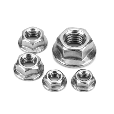 M5 Flange Nuts 30 Pack Serrated Hex Lock Nuts Stainless Steel 304 Heavy Duty Fasteners For Truck Builds Straight Up No Sweat Installation Bulletproof Corrosion Protection Bright Factory Finish assorted sizes displayed