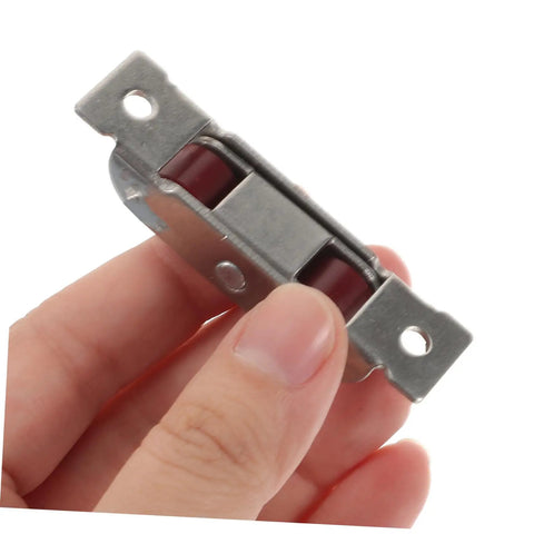 Eight Piece Heavy Duty Double Wheel Pulley Kit For Effortless Smooth Gliding Sliding Screen Doors And Window Track Replacement Barn Door Rollers With Dead Simple Setup, showing a metal pulley with red rollers.