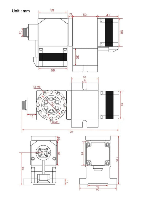 Technical drawing of Boss Level Cnc Indexing Head With Rad 4Th 5Th Axis Rotary Drive, dimensions in mm.