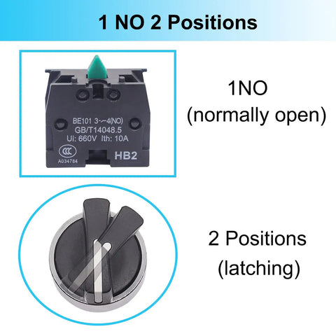 2 Pack 22mm 2 Position Maintained Selector Switch 1NO 10A 440V Latching Rotary Switch With Metal Head For Industrial Control Panels And Machine Control Push Button Style HB2 BD21 showing 1NO 2 positions and latching knob