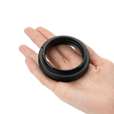SV195 Wide 48mm T Ring Adapter for Canon EOS Cameras shown in a hand, easy to use for prime focus or eyepiece projection photography
