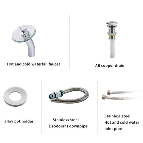 USZWBY Bathroom Vessel Sink, Tempered Glass Vessel Sink Bowl with Faucet Set components including faucet, drain, and pipes.