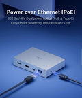 Comet PoE Remote KVM GLRM1PE With Tailscale For No Fuss Seamless 4K Streaming And Secure Remote Access Power Over Ethernet Enabled To Cut Cable Clutter And Power Adapters. PoE-powered white metal KVM box with Ethernet and Type-C cables