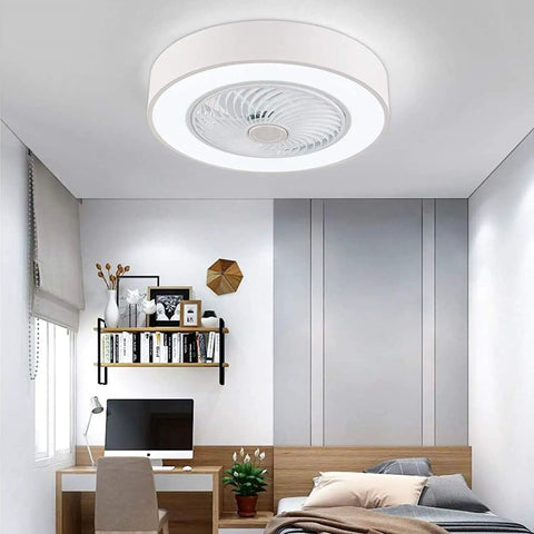 Modern Flush Mount Ceiling Fan With Light For Kitchen Bedroom Bathroom Super Quiet Low Profile Electric Fan Remote Led Three Color Lighting Four Abs Blades Twenty Two Inches White in a bedroom setting
