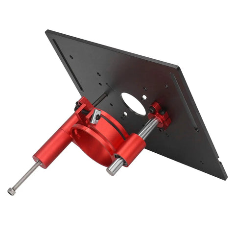 Heavy Duty Manual Router Lift Kit For Precision Woodworking And Home Shop Creations With Zero Sweat Crank Height Adjustment and Rock Solid Clamping Base For Pro Level Diy Projects In Black, featuring a red crank mechanism and black base.