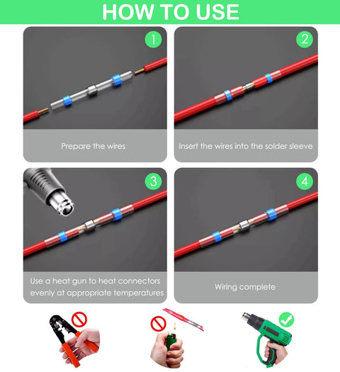 Solder connectors, 400pcs, with blue heat-shrink sleeves on red wires for waterproof sealing (front view)