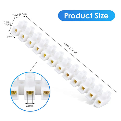 10 Or 20 Pack 12-Position Dual Row Screw Terminal Block Kit For Small Home Projects And Electrical Wiring, detailed size view