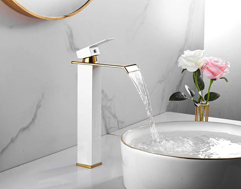 White Gold Waterfall Vessel Sink Faucet With Tall Deck Mount And One Hole Single Handle Vanity Lavatory Tap For Modern Baths Dope Finish