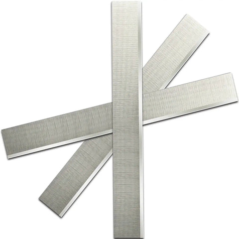 Built Tough Replacement Planer Blades For 8 Inch Thickness Planers High Speed Steel Knives With Killer Edge For Knockout Woodworking Performance And Daily Shop Grind Three Pack stacked at different angles.
