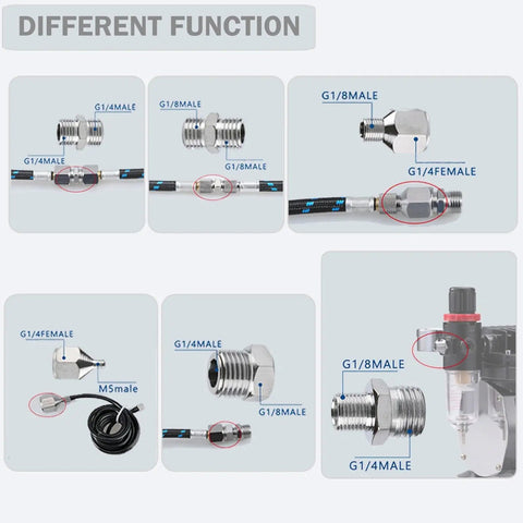 Seven Piece Airbrush Adapter Kit With Multi Size Fittings Including 1/8 In, 1/4 In And M5 BSP Threads in different uses