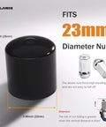 Close-up of black 24 Piece Lug Nut Covers Set For 21 To 23 Millimeter Inner Nuts with dimensions and text about fit.