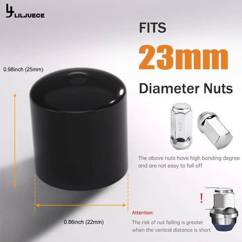 Close-up of black 24 Piece Lug Nut Covers Set For 21 To 23 Millimeter Inner Nuts with dimensions and text about fit.