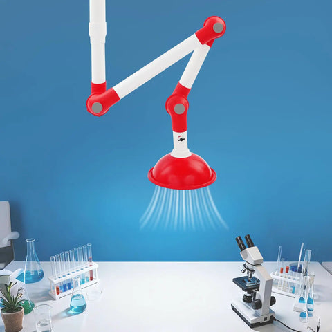 Heavy Duty Laboratory Exhaust Vent For Fume Extraction In Labs, Easy Ceiling Install, red and white arm over lab table with tools