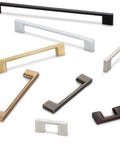 Assorted cabinet pulls including Sutton Satin Bronze Cabinet Pull 160 Millimeter Center To Center Soft Contoured Square Bar Handle visible.