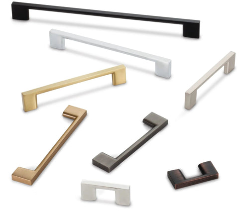 Assorted cabinet pulls including Sutton Satin Bronze Cabinet Pull 160 Millimeter Center To Center Soft Contoured Square Bar Handle visible.
