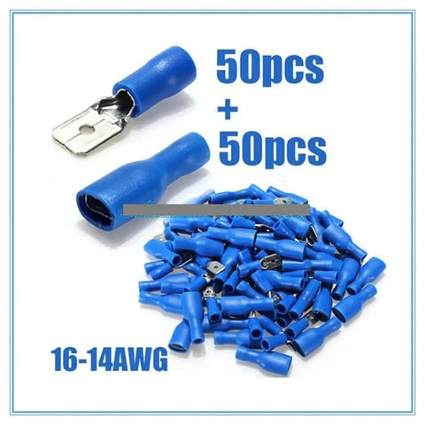 Get This Awesome 100 Pc Set Of 16-14AWG Insulated Spade Crimp Wire Connectors With 50 Male And 50 Female Terminals For Easy Electrical Splicing Jobs That You Can Totally Trust And Handle Today. Blue 16-14AWG insulated spade crimp terminals, 50 male and 50 female