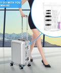 Woman with luggage and 10 Piece Clear Acrylic Makeup Travel Jars With Lids In 0.11 Oz 0.18 Oz 0.35 Oz 0.53 Oz And 0.7 Oz Sizes Plus 5 Mini Spatulas For On The Go Storage And Gift Random Color Set inset