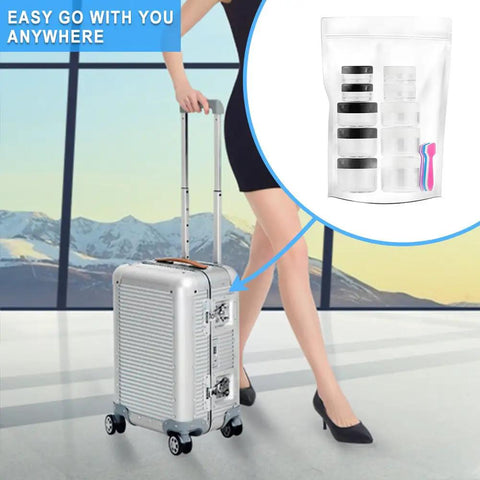 Woman with luggage and 10 Piece Clear Acrylic Makeup Travel Jars With Lids In 0.11 Oz 0.18 Oz 0.35 Oz 0.53 Oz And 0.7 Oz Sizes Plus 5 Mini Spatulas For On The Go Storage And Gift Random Color Set inset