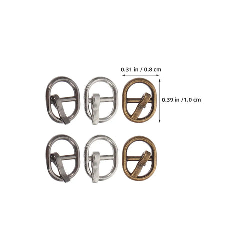 150 Piece Miniature Doll Belt Buckles And Tiny Alloy Buckle Set For DIY Sewing In Silver Gunmetal And Antique Copper For Doll Clothes Craft Projects And Snap Fasteners Kit For Grab And Go Easy Change, showing six buckles.