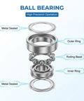 Exploded view of a deep groove ball bearing showing metal sealed outer ring, inner ring, and rolling beads for 3mm x 8mm x 4mm sizes.