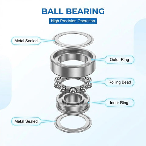 Exploded view of a deep groove ball bearing showing metal sealed outer ring, inner ring, and rolling beads for 3mm x 8mm x 4mm sizes.