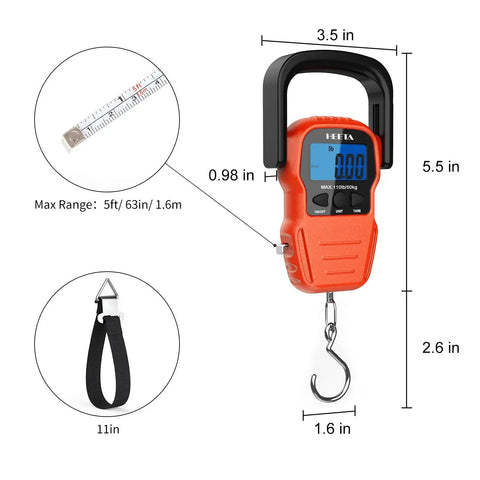 Portable Digital Fishing Scale With Measuring Tape, Backlit LCD Display, Data Lock, Lightweight 8.3 Oz Hanging Scale For Outdoor Fishing, Travel Luggage, Accurate Weight Readings For Freshwater And Saltwater, orange with strap