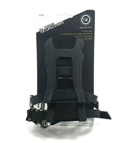 ATB Toe Clips and Straps Nylon Full Cage Toe Clips With Woven Straps for ATB and Hybrid Bikes on packaging