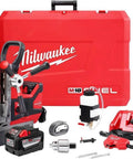 Milwaukee M18 FUEL 1-1/2 in Lineman magnetic drill kit with red carrying case, battery, and accessories.