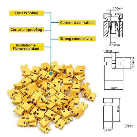 Pin Headers And Jumper Cap Assortment Kit For DIY Electronics, 300 Pcs 2.54mm Jumpers, showing yellow jumper caps with specifications.