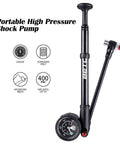 Portable high pressure shock pump with gauge, Schrader valve, 400 PSI rating for mountain bikes, ergonomic handle visible