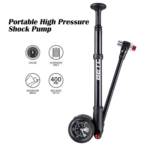 Portable high pressure shock pump with gauge, Schrader valve, 400 PSI rating for mountain bikes, ergonomic handle visible