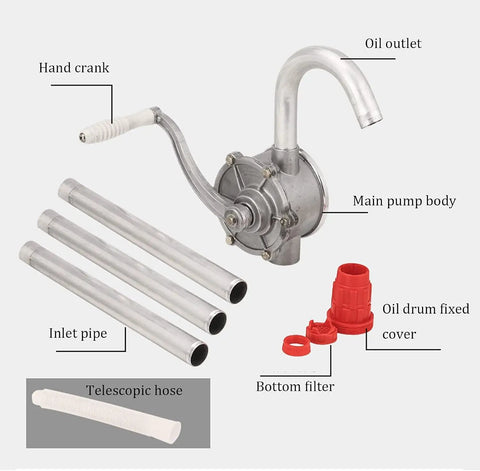 Heavy Duty Rotary Hand Barrel Pump For 15 To 55 Gallon Drums With Stainless Steel Inlet Pipe. Ideal For Transferring Gasoline, Kerosene, Antifreeze, Oil, Hydraulic Fluids And Other Petroleum Products. Durable Red Construction With Wear Resistant Core