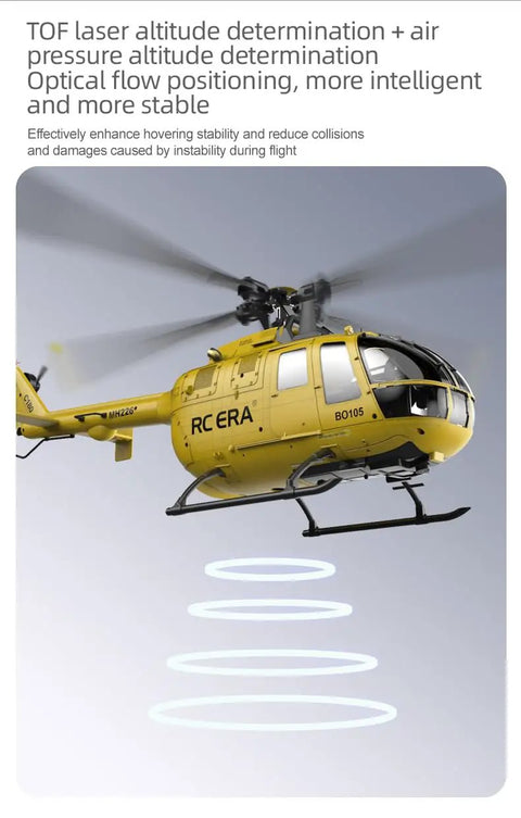 Advanced RC Helicopter C180 Style Flybarless 6CH with dual brushless motors in flight, showcasing altitude hold and optical flow features