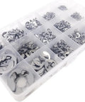 580 Piece External Retaining Ring Kit With E Clips And Snap Washers for Shafts in plastic organizer box