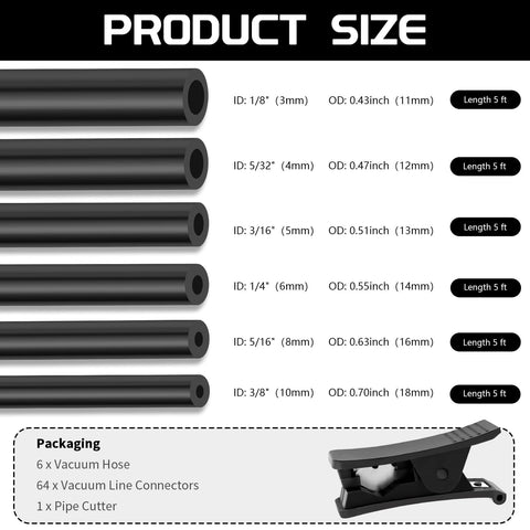 Five Foot Automotive Vacuum Hose Kit With 64 Vacuum Hose Connectors And 6 Vacuum Lines Pipe Cutter Silicone Hoses sizes chart