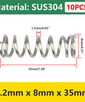 10 Piece Stainless Steel Compression Springs Set With 1.2mm Wire Diameter And 8mm Outer Diameter 35mm Free Length image