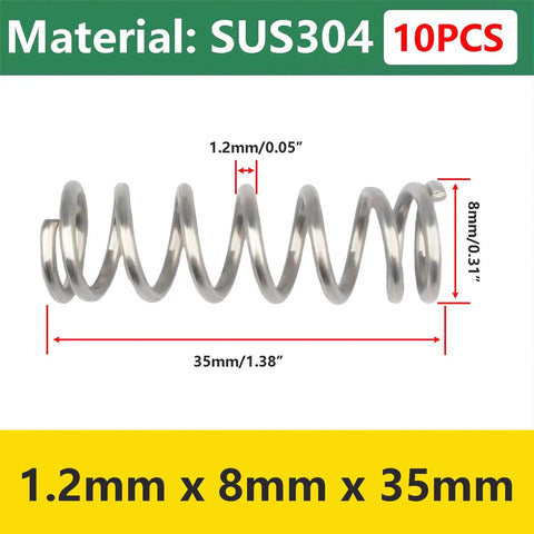 10 Piece Stainless Steel Compression Springs Set With 1.2mm Wire Diameter And 8mm Outer Diameter 35mm Free Length image