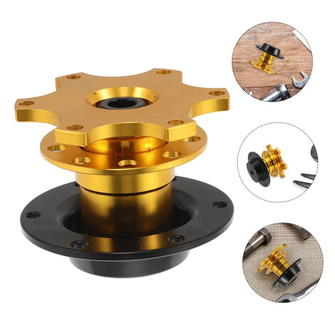 Quick Release Steering Wheel Hub Adapter For Racing Cars, Fast Disconnect Wheel Tool, gold and black, with installation tools
