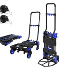 Oyoest folding hand truck with retractable handle, black and blue frame, four rubber wheels; includes two straps