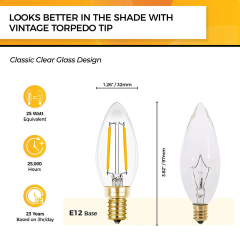 25W Dimmable Candelabra LED Bulbs 90 Plus CRI 200 Lumen Soft Warm White 2700K E12 B10 Candle Shape UL Listed 12 Pack for Chandeliers