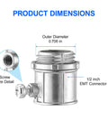 Fifty Piece Pack Of Super Tough EMT Connectors For Half Inch Electrical Conduit Systems Featuring Corrosion Resistant Zinc Alloy Build For Snug Tight Wire Runs And No Sweat Installations dimensions showing 1/2 inch EMT connector details.