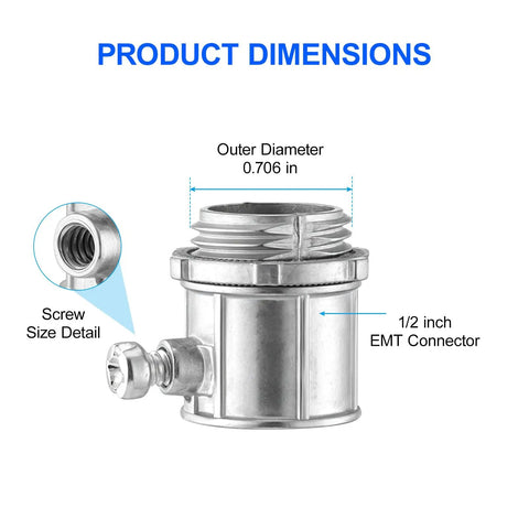 Fifty Piece Pack Of Super Tough EMT Connectors For Half Inch Electrical Conduit Systems Featuring Corrosion Resistant Zinc Alloy Build For Snug Tight Wire Runs And No Sweat Installations dimensions showing 1/2 inch EMT connector details.