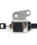 Side view of CVT valve body stepper motor with metal housing, black connector, and mounting tab