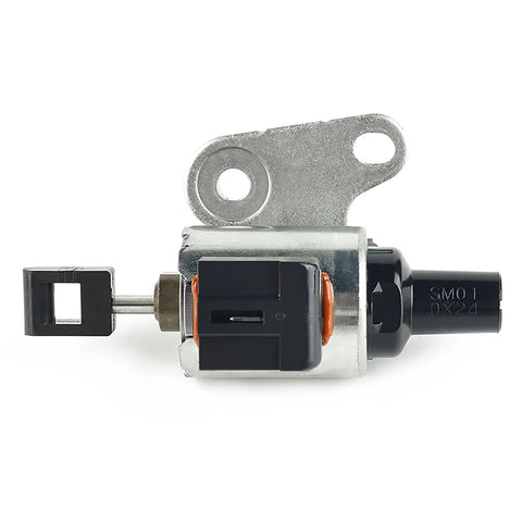 Side view of CVT valve body stepper motor with metal housing, black connector, and mounting tab