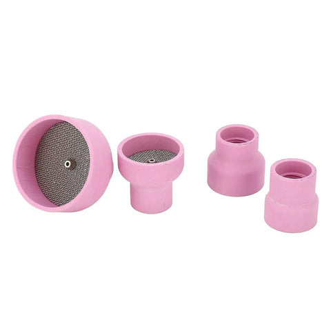 Premium Ceramic Welding Cup Set Alumina Lens Kit For WP9 20 25 17 18 26 TIG Torch showing various pink ceramic cups with stainless steel filters.