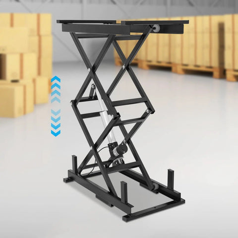 Heavy Duty Electric Scissor Lift Table Rises Smooth With Hydraulic Pump For Factory Work and Warehouse lifting, black metal structure featured.