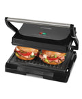 Proctor Silex Panini Press Sandwich Maker With Nonstick Plates For Grilling Burgers Chicken And Veggies Easy Clean Electric Indoor Grill Machine showcasing two toasted sandwiches.